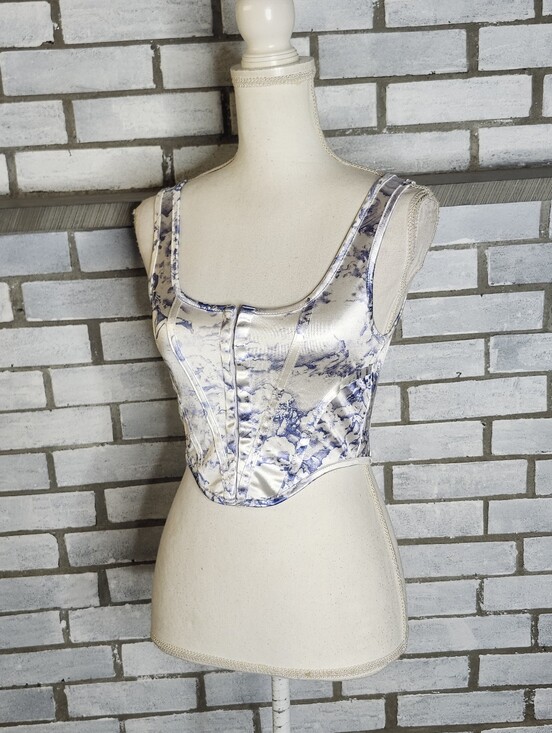 Motel Rocks Tops - • Motel Rocks Sleeveless Satin Corset Front Closure Crop Top Small Blue White